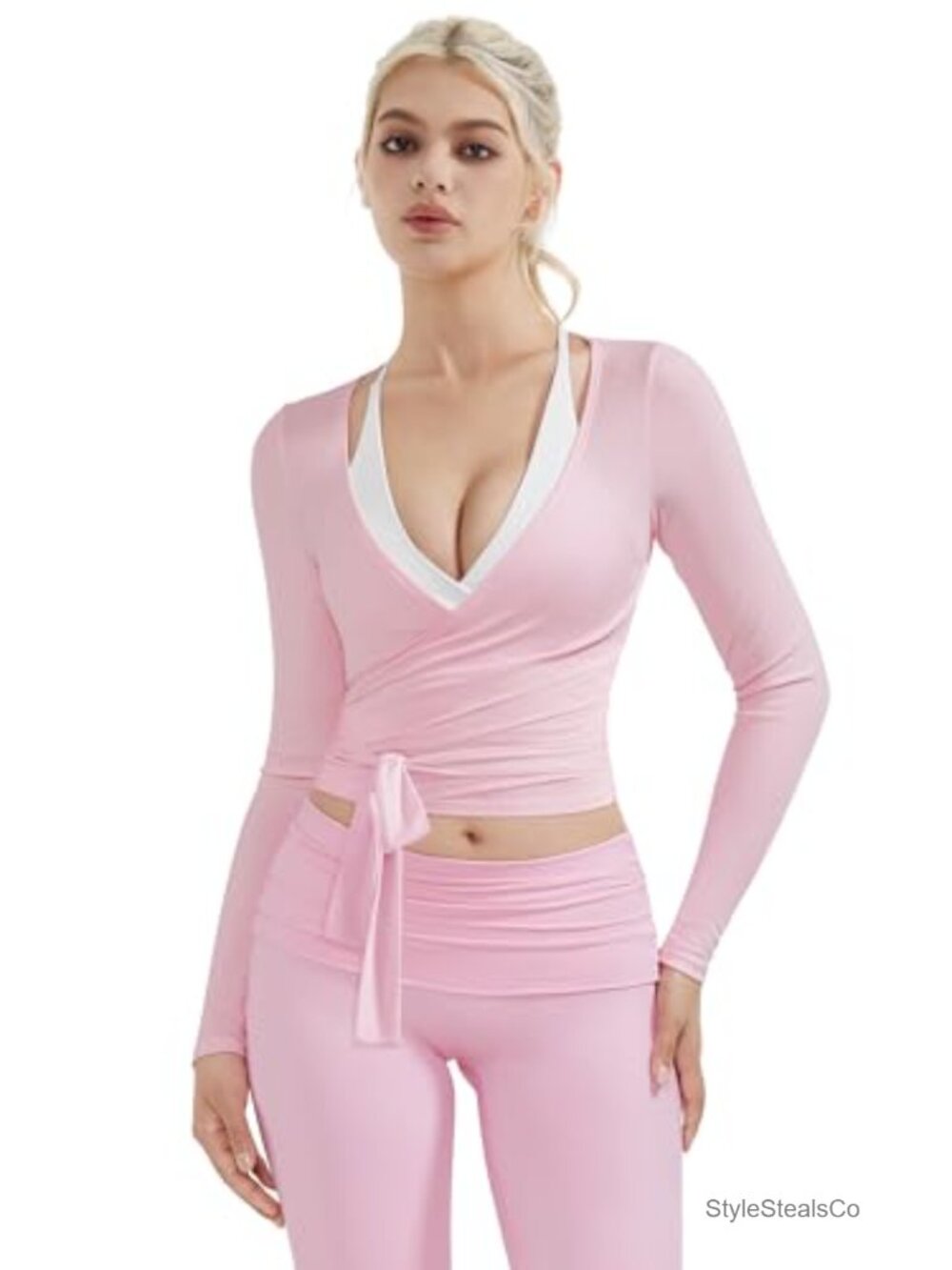 SUUKSESS Women's Ribbed Cropped Wrap Top Long Sleeve V Neck Tie Front Yoga Shrug